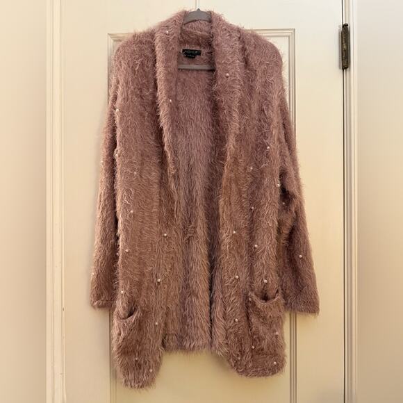 AS by DF rose pink furry open front cardigan w long sleeves w pearl details L - Picture 1 of 12